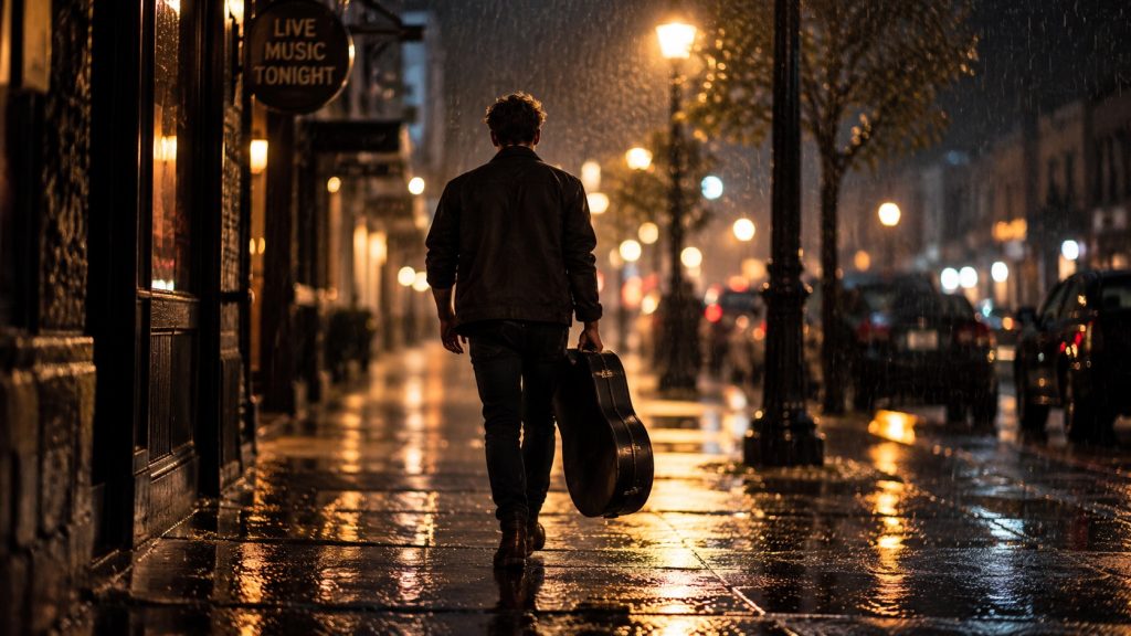 A musician walking a rainy street at night, guitar case in hand.
