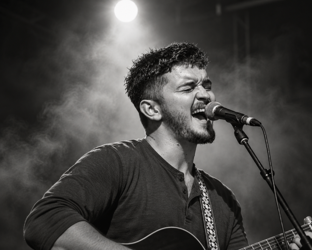 Black and white photograph of Nic Hitchens singing into a microphone.
