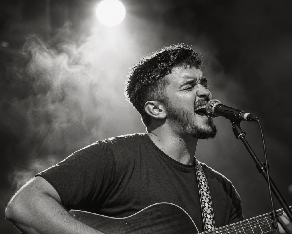 Black and white photograph of Nic Hitchens playing guitar.