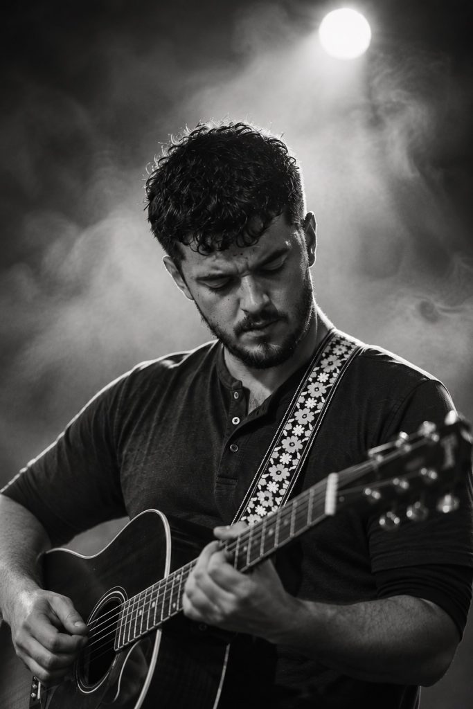 Black and white photograph of Nic Hitchens with an acoustic guitar.