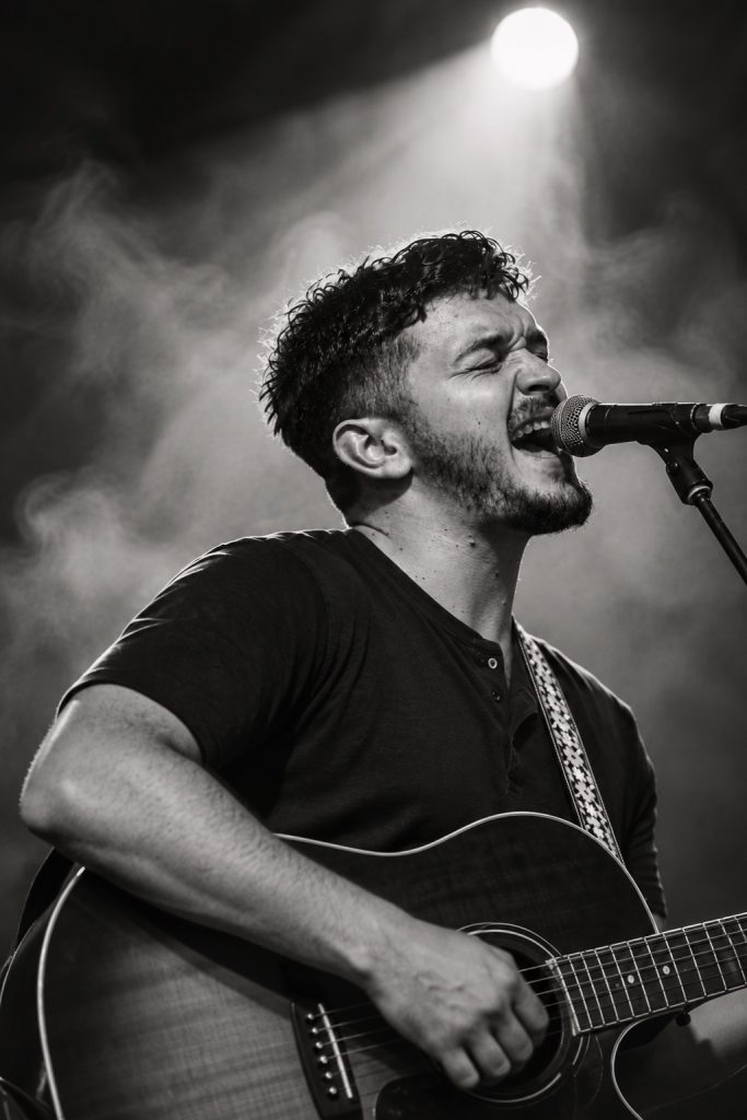 Black and white photograph of Nic Hitchens with an acoustic guitar.